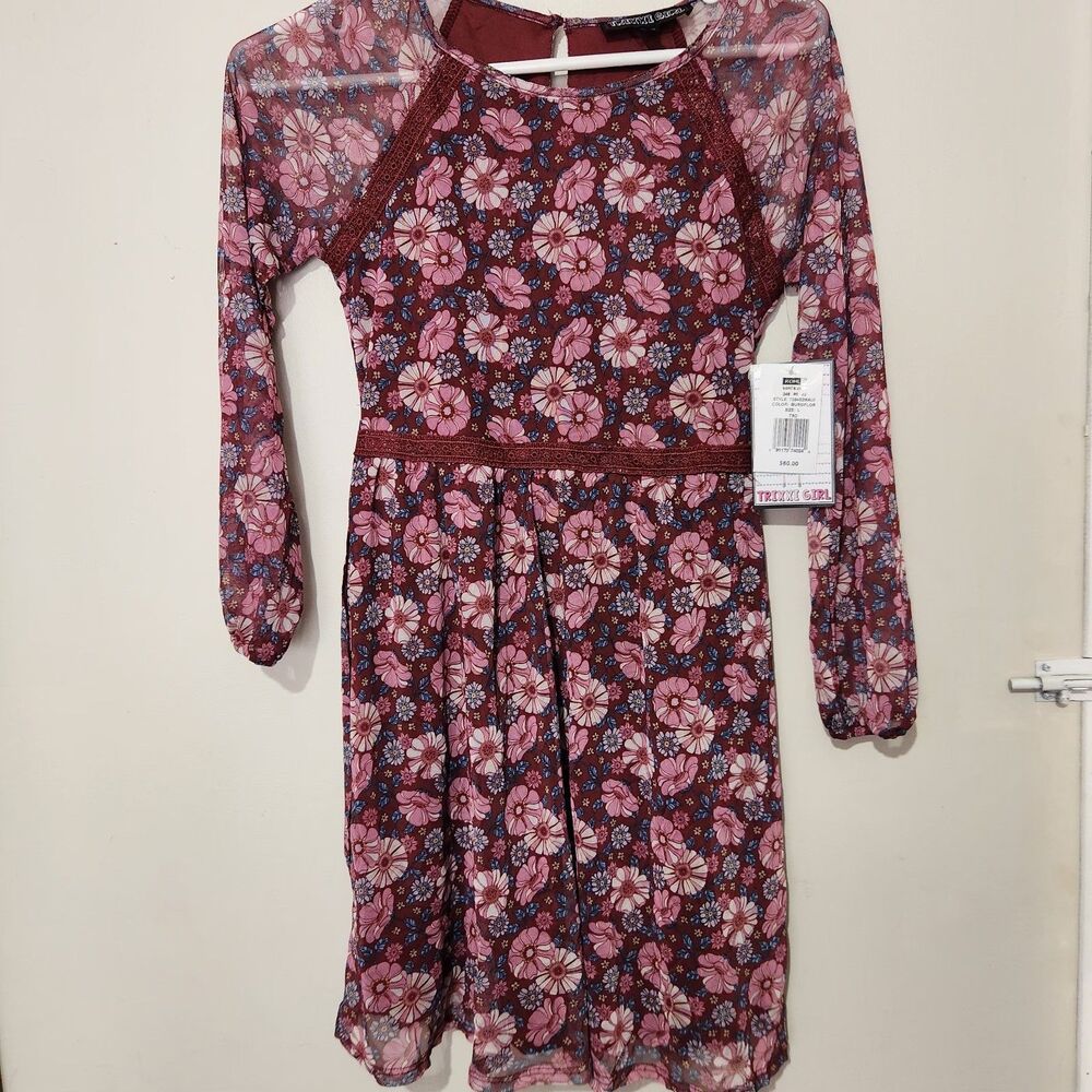 Trixxi Dress Girls Size Large Floral Lined Sheer Long Sleeve Spring Dress